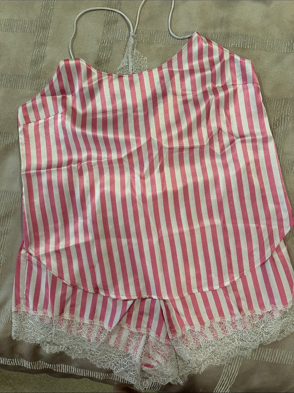 Victoria’s Secret Pink and White Striped Satin Lace Cami & Shorts Set